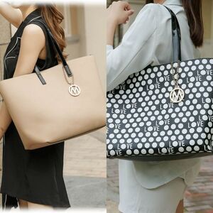 MIA K. Collection Taylor Reversible Tote Taupe Black White Polka Dot LOVE Purse